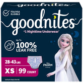 GoodNites front packaging showing Frozen design and XS size for quick identification