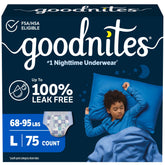 GoodNites front packaging showing size Large and 75 count benefit