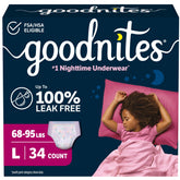 GoodNites front packaging showing size Large, clear count and brand benefits