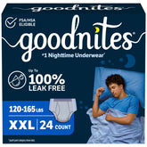 GoodNites pack front view showing brand and XXL size for overnight confidence