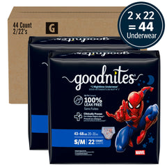 GoodNites packaging back with sizing and features, clear fit and usage info