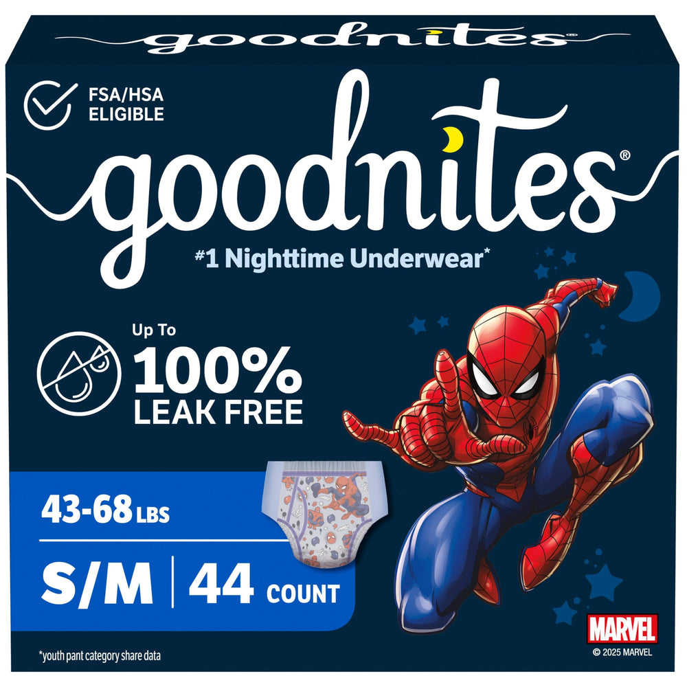 GoodNites packaging front shows S/M 44 count and Spiderman, reassuring protection