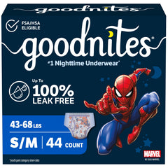 GoodNites packaging front shows S/M 44 count and Spiderman, reassuring protection