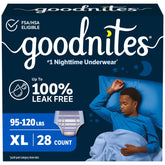 GoodNites XL front packaging shows product and count for confident nights