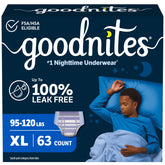 GoodNites front packaging showing XL size and 63 count for overnight protection
