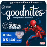 GoodNites front packaging showing XS two-pack, brand reassurance and benefit