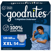 GoodNites XXL front packaging showing count and weight range for confidence