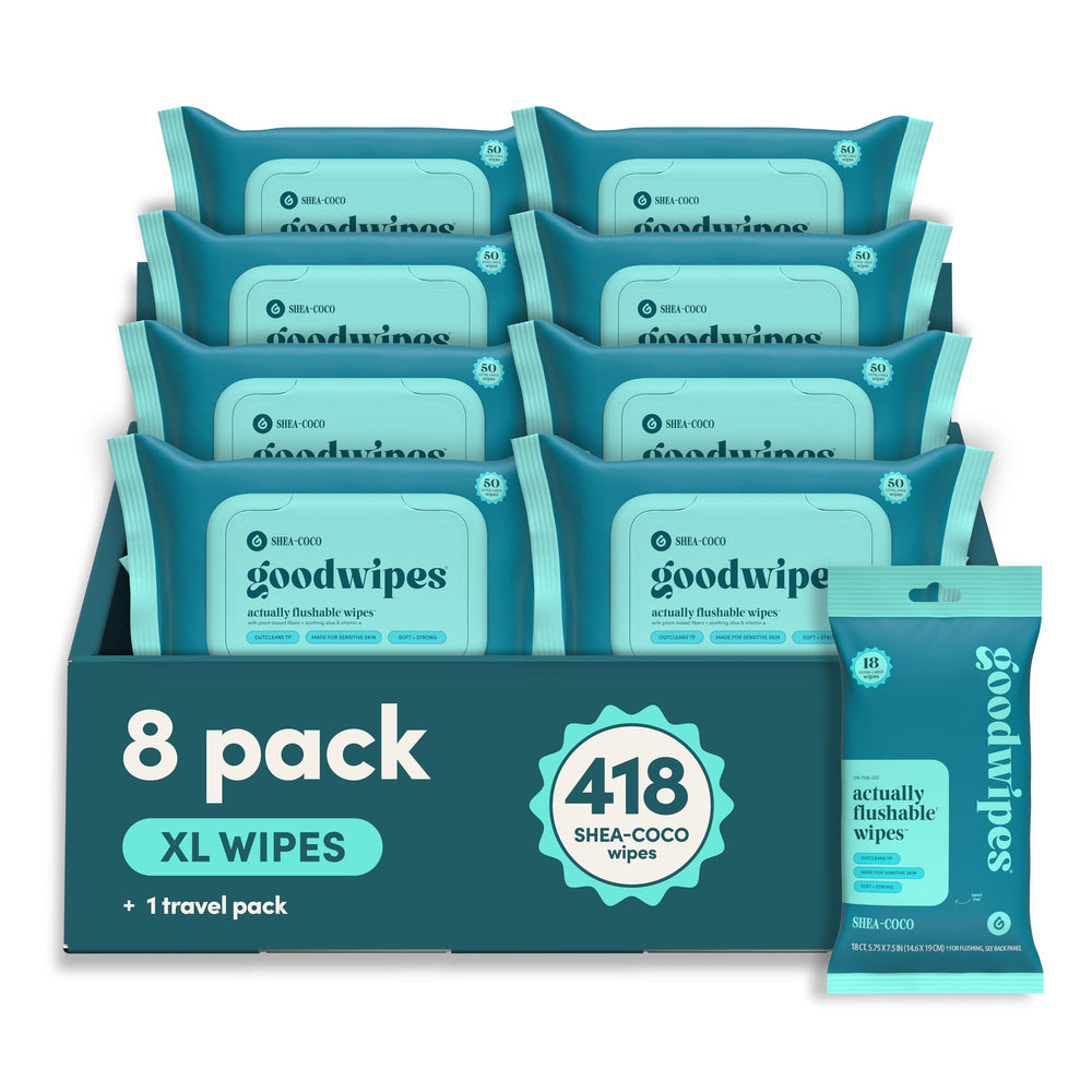 goodwipes front packaging of Shea-Coco bulk 8 pack showing product benefit of value