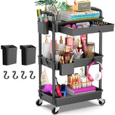 Goovilla front view of black cart showing three tiers and removable drawer benefit