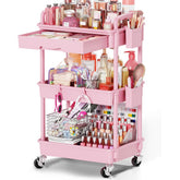 Goovilla front view of pink cart showing tiers and drawer for neat storage