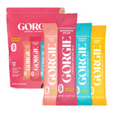 GORGIE front packaging showing 12 sugar-free energy sticks and flavor branding benefit