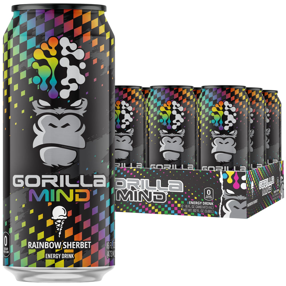 Gorilla Mind front can showing Rainbow Sherbet label and bold flavor benefits