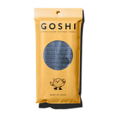 GOSHI front view of long grey exfoliating shower towel showing shape and length for easy reach