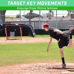 GoSports weighted ball mid-throw in pitching drill promoting controlled arm path and follow-through