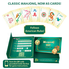 Gouda Games spread of Mahjong Go! cards displaying suits and quick-read layout benefit
