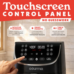 Gourmia close-up of LED touch panel showing presets for faster cooking