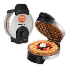 Gourmia front view stainless-steel waffle maker showing compact design benefit