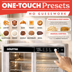 Gourmia open oven with 13-inch pizza inside demonstrating roomy XL capacity for family meals