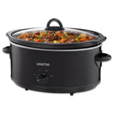 Gourmia slow cooker front view showing black housing and removable pot for easy cooking