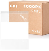 GPI clear 9x12 case front packaging shows quantity and resealable benefit