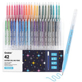 Grabie front packaging showing 42 glitter gel pens and colorful display, inspires creativity