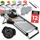 Gramercy mandoline front view showing sleek black frame and stable base for consistent slicing