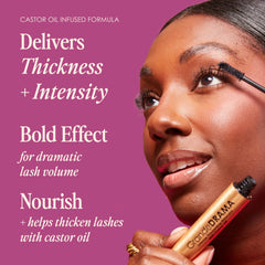 Grande Cosmetics GrandeDRAMA glossy-black formula swirled on white, shows rich pigment and texture