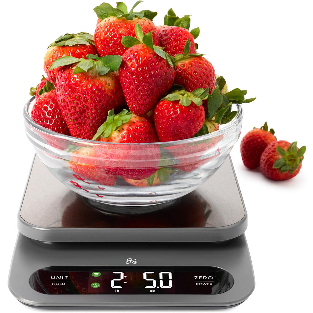 Greater Goods front view of stainless steel scale showing clean platform and benefit of durability