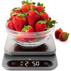 Greater Goods front view of stainless steel scale showing clean platform and benefit of durability