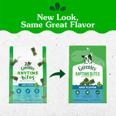 Greenies bag opened with treats visible, Greenies brand offering convenient access and freshness