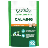 Greenies calming chews front packaging showing chicken flavor and 40 count benefit