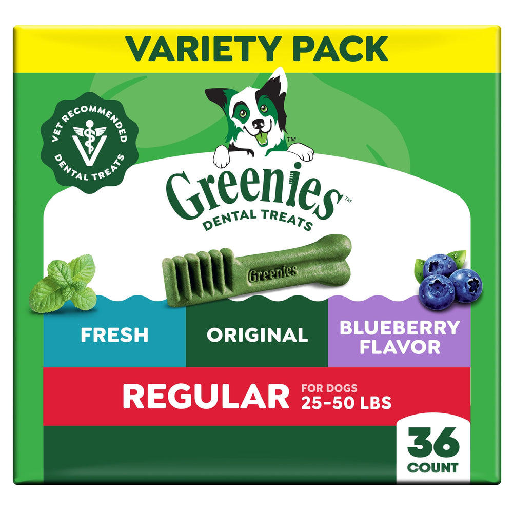 Greenies front pack 36 count showing brand and flavors for easy identification