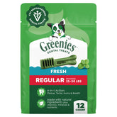 Greenies front package showing regular fresh mint 12 count and benefits