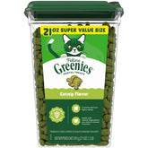 Greenies front packaging 21 oz showing brand and catnip flavor benefit: easy daily dental care