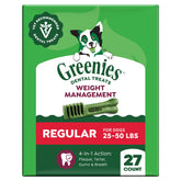 greenies front packaging showing 27-count weight management chews and product benefits
