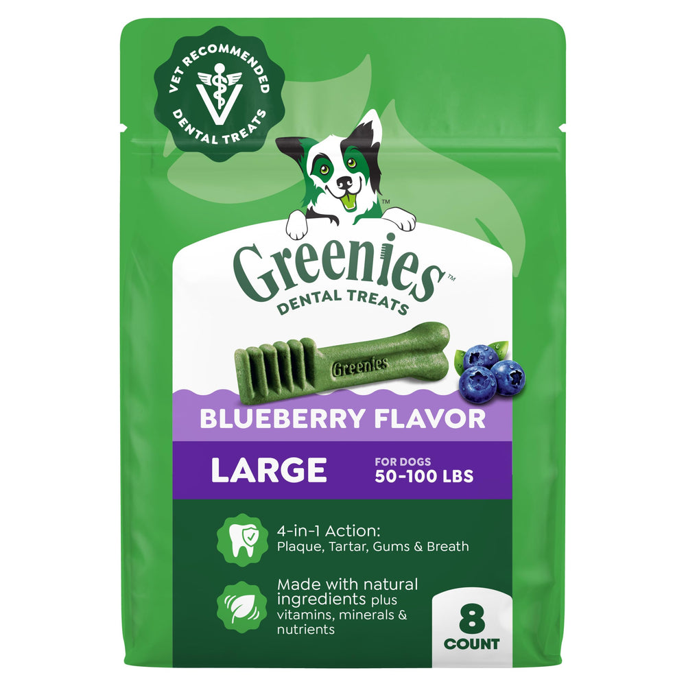 Greenies front packaging showing blueberry dental chews and count benefit