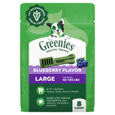 Greenies front packaging showing blueberry dental chews and count benefit