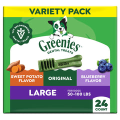 Greenies front packaging showing variety pack and benefits for oral health