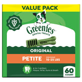 Greenies petite front packaging showing brand and small-dog benefit