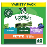 Greenies petite front packaging showing flavors and count for easy identification and storage