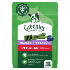 Greenies front pack showing blueberry flavor and 12-count for easy selection