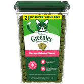 Greenies front packaging showing salmon flavor and 21 oz size, promotes dental care