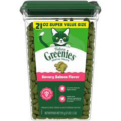 Greenies front packaging showing salmon flavor and 21 oz size, promotes dental care