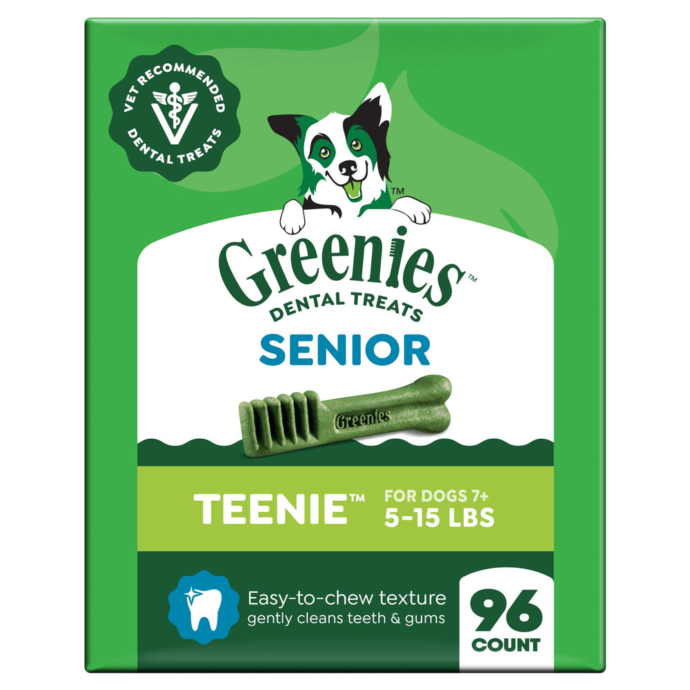 Greenies front packaging showing Senior Teenie 96 count and benefits