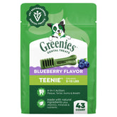 Greenies Teenie front packaging showing blueberry flavor and 43 count benefit