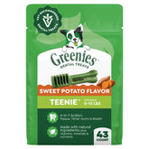 Greenies teenie front packaging showing sweet potato flavor and count benefits