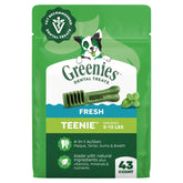 Greenies Teenie front packaging showing mint flavor and 43 count benefit