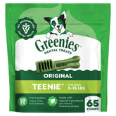 Greenies Teenie front packaging showing count and chicken flavor benefits