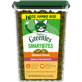 Greenies tub front packaging showing 16 oz label and chicken flavor benefits