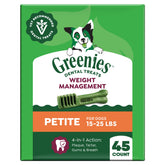 Greenies weight management petite front packaging shows product and benefits